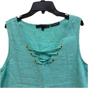 Harve Benard Linen Blend Top Size L Teal Lace Up Sleeveless Blouse